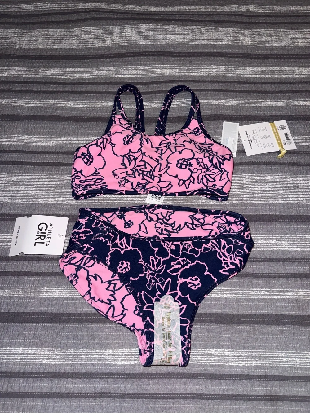 Athleta Girl NWT Pink & Navy Floral Reversible Bikini Set + Black Romper Size 12